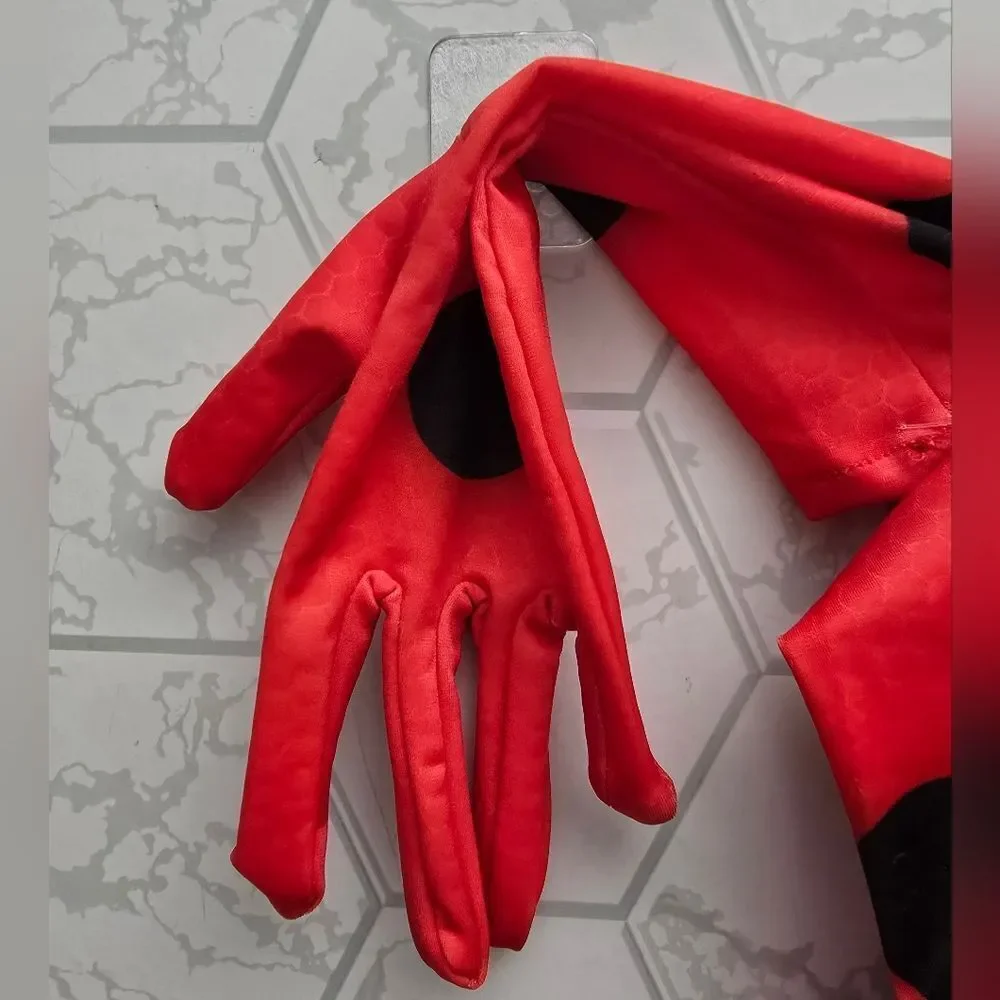 Red and Black Superhero Costume with Polka Dots and Full Body Design